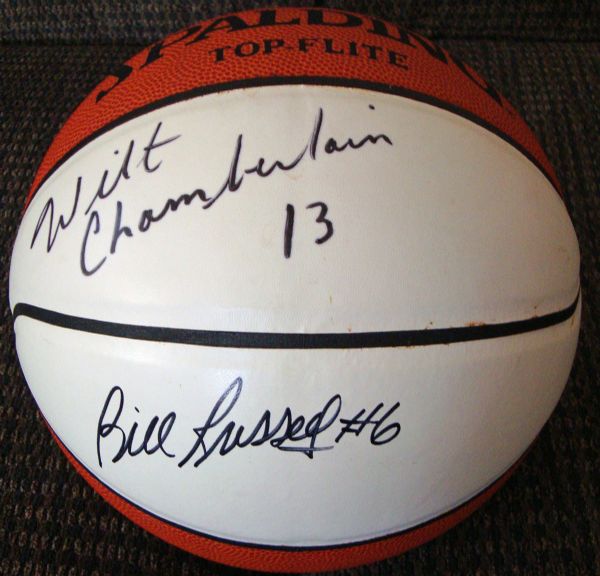 Wilt Chamberlain & Bill Russell Superb Signed White Panel Leather Basketball (PSA/DNA)