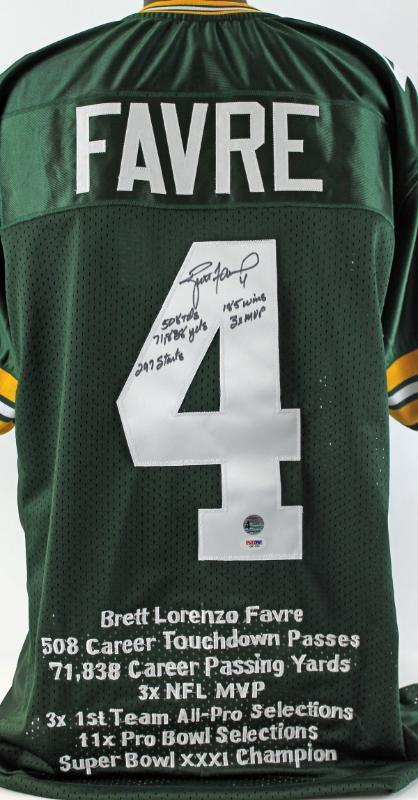 Lot Detail - Brett Favre Signed Packers Stat Jersey with Five Handwritten  Career Stats (Favre Holo, Signing Photo & PSA/DNA)