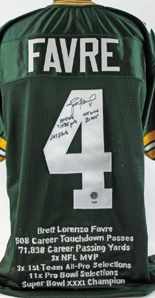 Brett Favre Signed Packers "Stat" Jersey with Five Handwritten Career Stats (Favre Holo, Signing Photo & PSA/DNA)