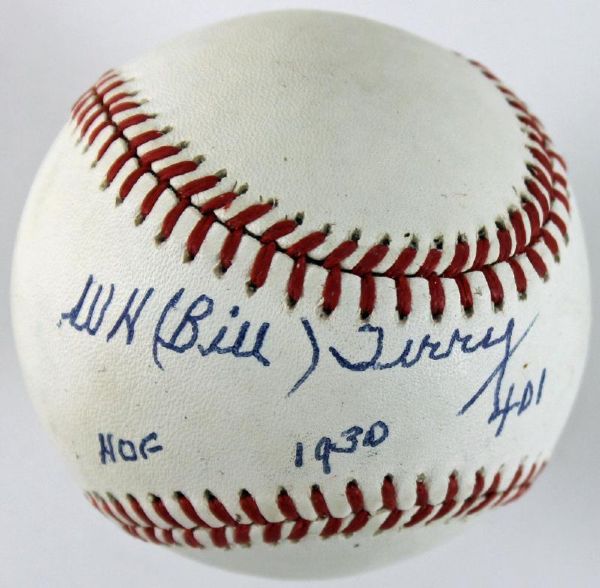 Bill Terry Signed ONL Baseball with "HOF - 1930 .401" Inscriptions (JSA)