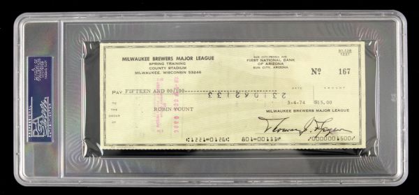 Robin Yount Rare Signed 1974 Brewers Rookie Season Check - Issued at Start of Spring Training! (PSA/DNA)