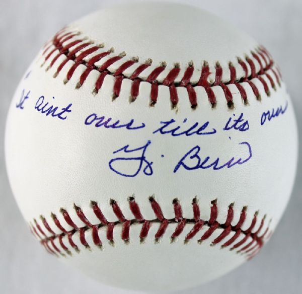 Yogi Berra Signed OML Baseball w/"It Aint Over Till Its Over" Inscription (PSA/DNA)