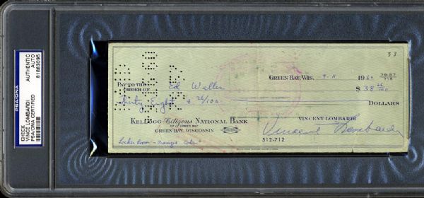 Vince Lombardi Choice Signed Packers Business Bank Check (PSA/DNA Encapsulated)
