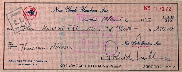 1973 Thurman Munson Signed New York Yankee Payroll Check with Impeccable "10" Signature (JSA)