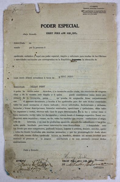 Henry Ford Signed 1919 Peruvian Patent Application relating to Ford and Son Company (PSA/DNA)