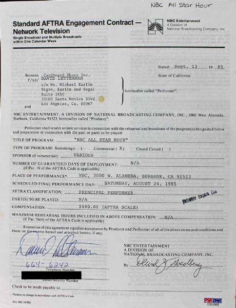 David Letterman Signed TV Document for "NBC All Star Hour" (PSA/DNA)