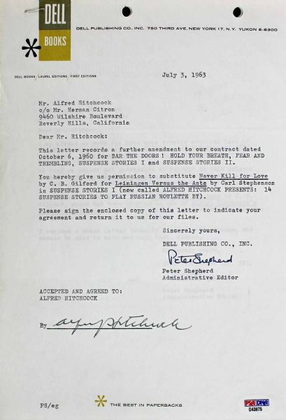 Alfred Hitchcock Signed Publishing Document with Dell Books (1963)(PSA/DNA)