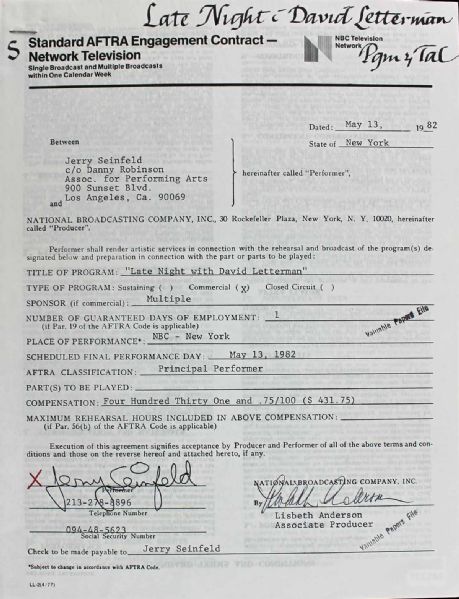 Jerry Seinfeld Signed Early Guest Contract for "David Letterman" from 1982! (PSA/DNA)