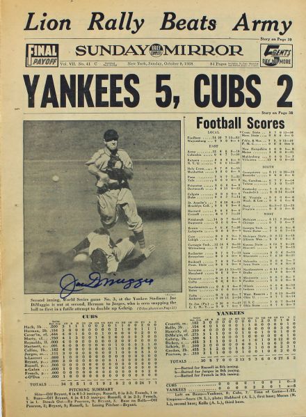 Joe DiMaggio Signed 10/9/38 Daily Mirror (1938 World Series)