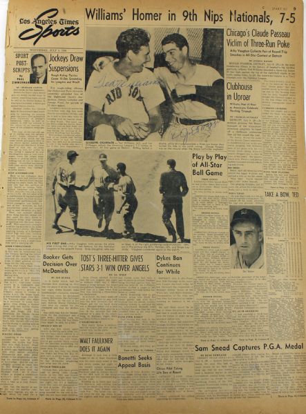 Joe DiMaggio & Ted Williams Signed July 9, 1941 LA Times Sports Page
