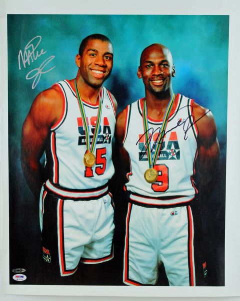 Michael Jordan & Magic Johnson Dual Signed 16" x 22" Canvas Print (UDA & PSA Certified)