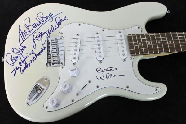 The Beach Boys Group Signed Stratocaster Style Guitar with Handwritten Lyrics! (3 Sigs)(PSA/DNA)