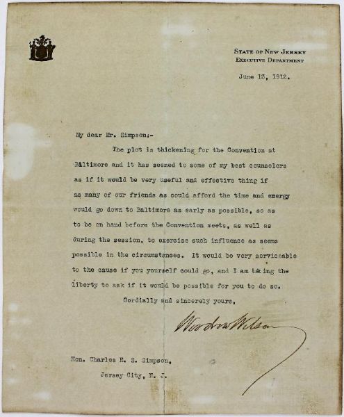 Woodrow Wilson Signed Letter w/Historic Content RE: 1912 Democratic Natl Convention (JSA)