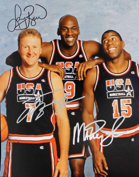 Michael Jordan, Magic Johnson & Larry Bird Signed 11" x 14" Color Photo