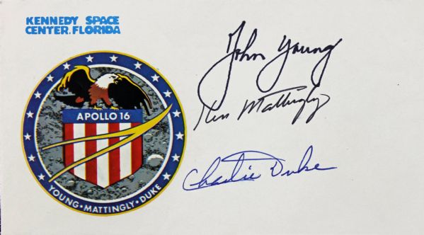 Apollo 16 Crew Signed Commemorative Cachet w/Mattingly, Young & Duke