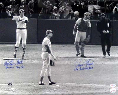 Carlton Fisk & Johnny Bench Signed 16" x 20" Photo (76 World Series HR) with Unique Inscriptions (PSA/DNA)