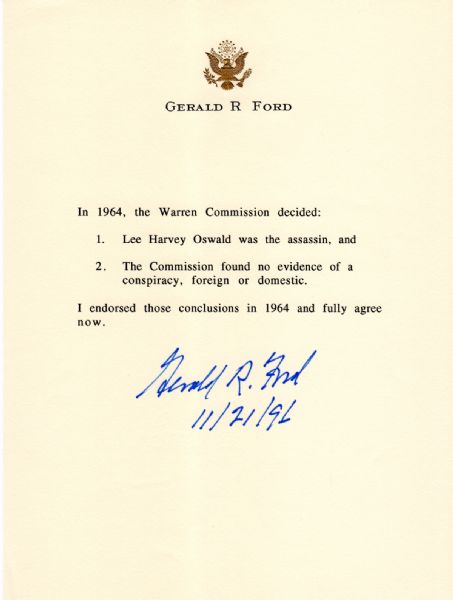 President Gerald R. Ford Signed Warren Commission Statement on Personal Letterhead (PSA/DNA)