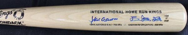 Hank Aaron & Sadaharu Oh Dual Signed Limited Edition (#124/500) "International Home Run Kings" Bat (PSA/DNA)