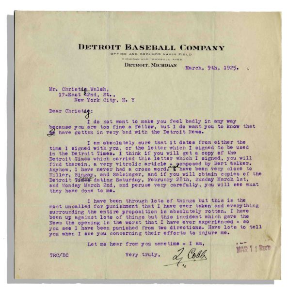 Ty Cobb Typed Signed Letter to Christy Walsh on Detroit Baseball Club Letterhead with Interesting Content (PSA/DNA)