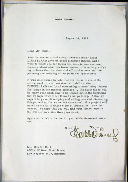 Walt Disney Signed Letter with Phenomenal Disneyland Content - Dated One Month After Opening! (JSA & PSA/DNA)