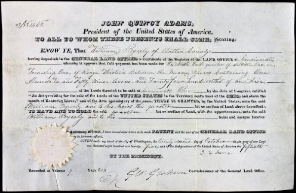 President John Quincy Adams Signed Presidential Land Grant c.1825 (PSA/DNA)