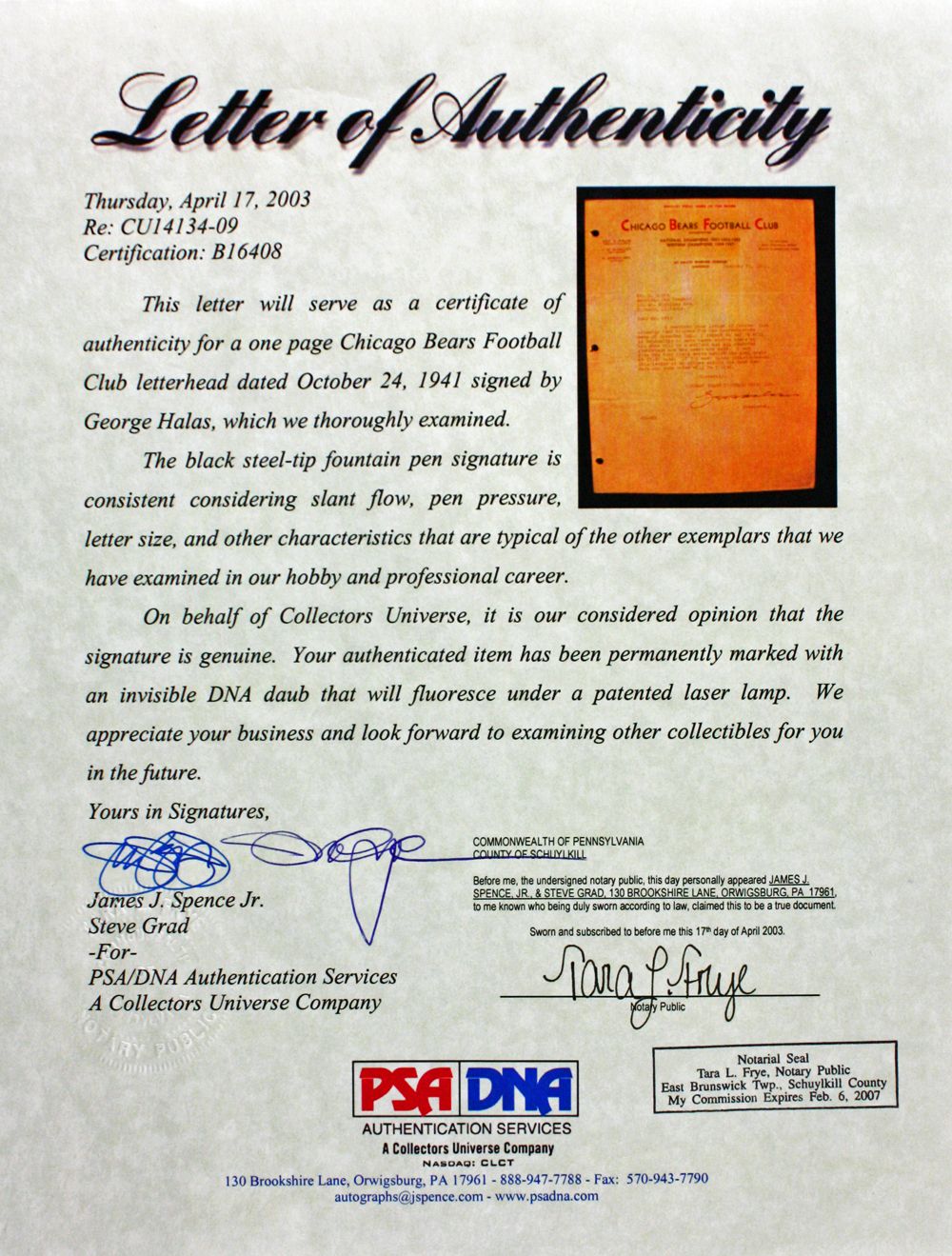 George Halas Autographed Letter Framed W Photo Papa Bear Chicago Bears