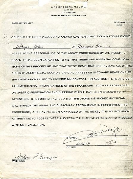 John Wayne Rare Signed Biopsy Consent Form Dated 6 Months Before His Death! - PSA/DNA Graded NM-MT 8