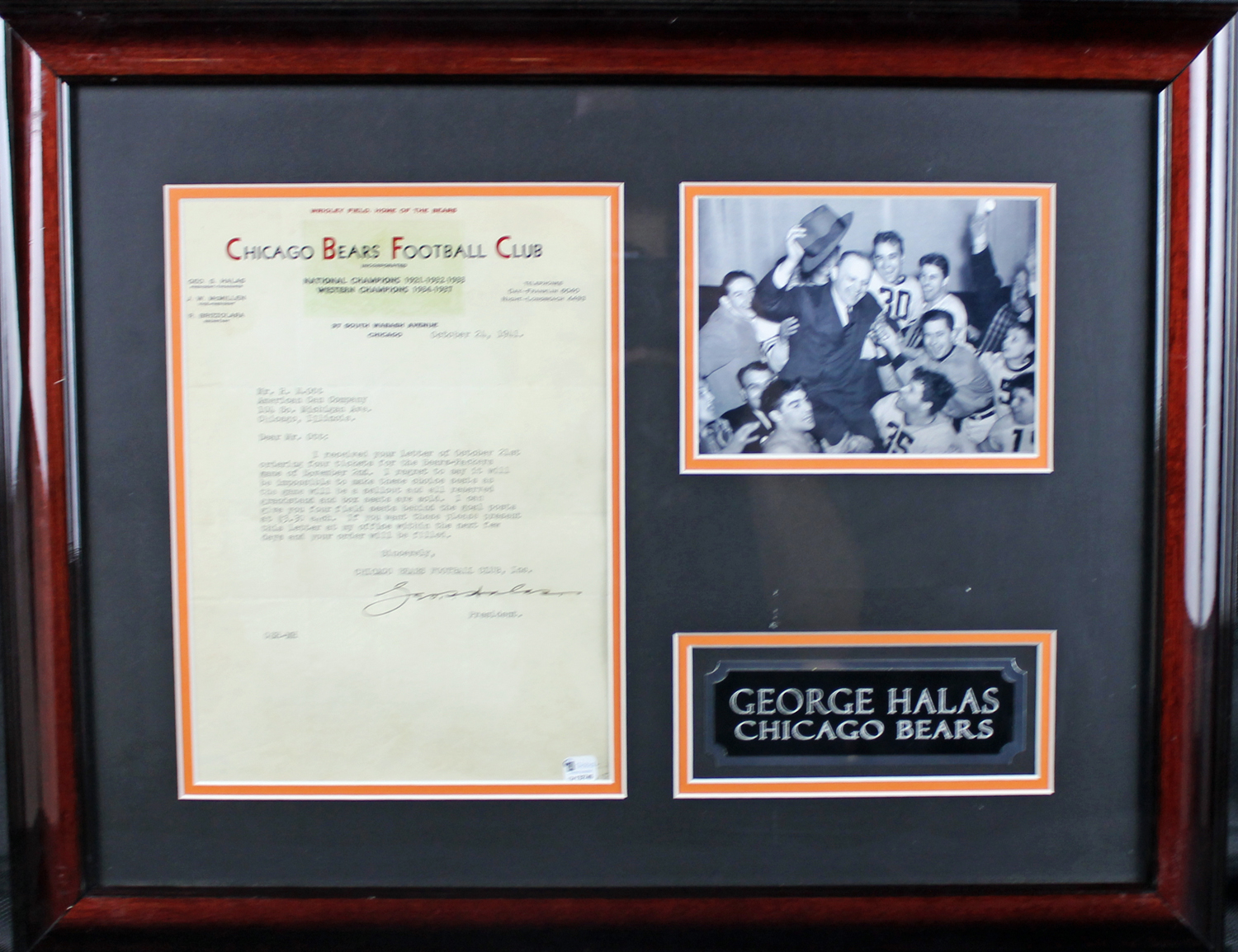 George Halas Autographed Letter Framed W Photo Papa Bear Chicago Bears