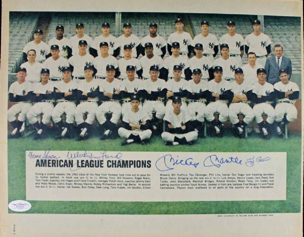 1962 NY Yankees Team Signed 11x13 Vintage Magazine Page Photo w/Mantle, Berra, etc. (4 Sigs)(JSA)