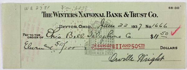 Orville Wright Signed Bank Check with Superb Signature (1937)(JSA)