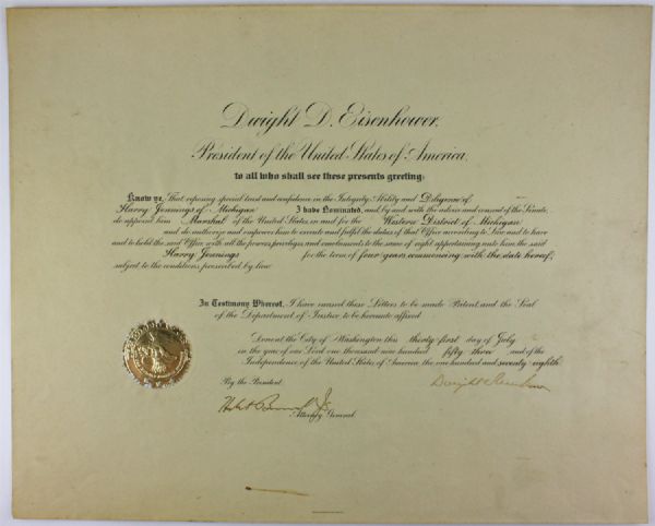 President Dwight D. Eisenhower Signed Presidential Appointment from 1953 (JSA)