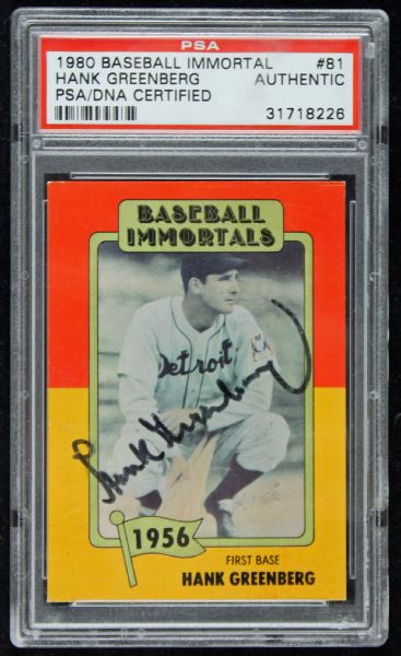 Hank Greenberg Autographed 1980 Baseballl Immortal Card Slabbed (PSA/DNA)