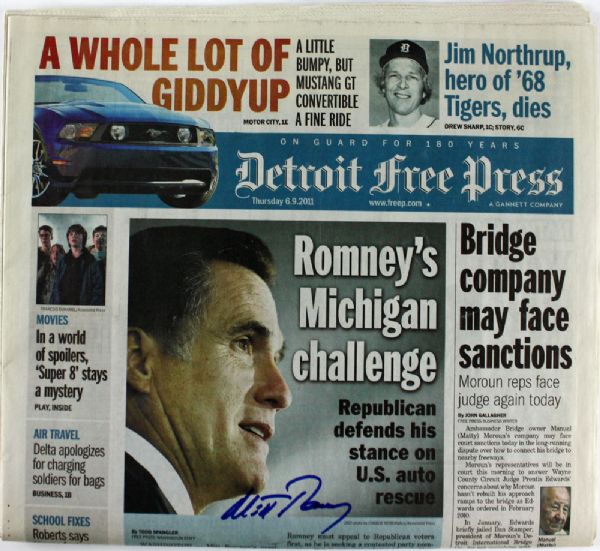 Mitt Romney Signed June 9, 2011 Detroit Free Press Newspaper (JSA)