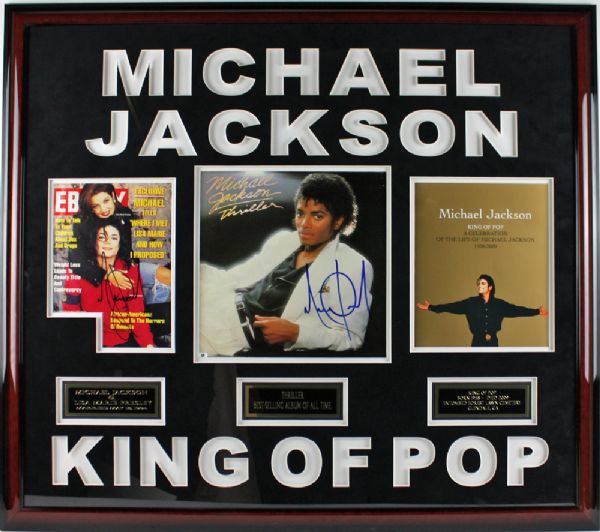 Michael Jackson HUGE Custom Framed Memorabilia Display with Signed Thriller Album, Signed Magazine Cover & Original Memorial Service Program!
