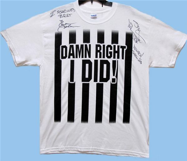 WWE: Shawn Michaels & Earl Hebner Unique Signed "Montreal Screw Job" Shirt with Signing Pics