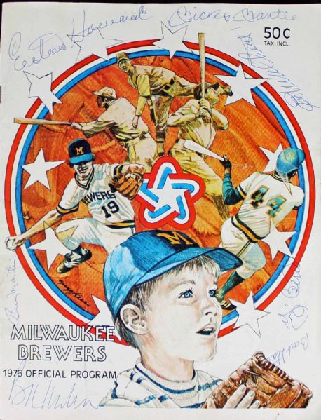 NY Yankee Greats Signed 1976 Brewers Program with Mantle, Berra, Martin, etc. (PSA/DNA)