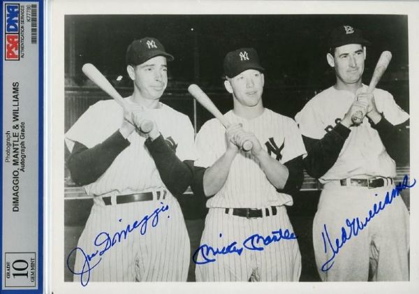 Mantle, DiMaggio & Williams Signed 8" x 10" Photo - PSA/DNA Graded GEM MINT 10!