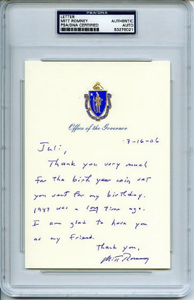 Mitt Romney Handwritten & Signed Letter as MA Governor (PSA/DNA Encapsulated)