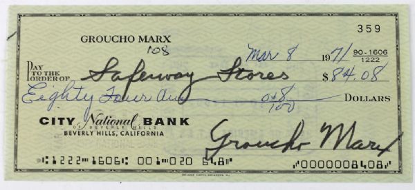 Groucho Marx Signed Bank Check (PSA/DNA)