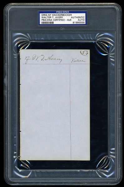 Walter T. Avery Signed 4x6 leger Page-First Baseball Game (PSA/DNA)