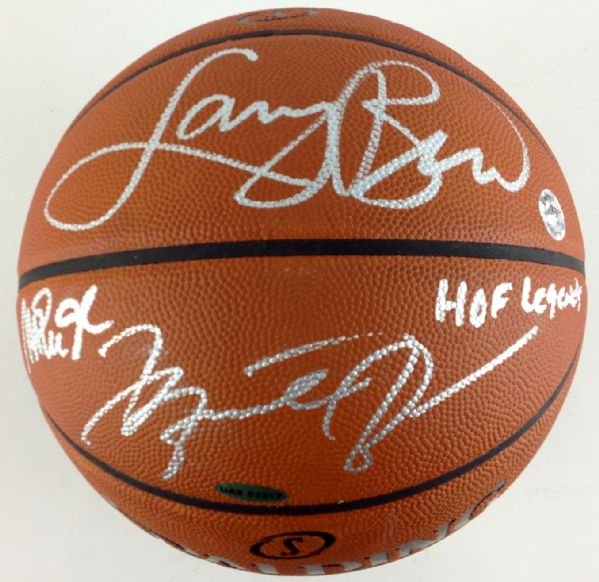 Michael Jordan, Larry Bird & Magic Johnson Signed "NBA Legends" Spalding NBA Game Model Leather Basketball (UDA & PSA/DNA)