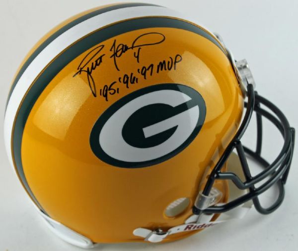 Brett Favre Signed Packers Full Sized Helmet with "95, 96,97 MVP" Inscription (PSA/DNA)