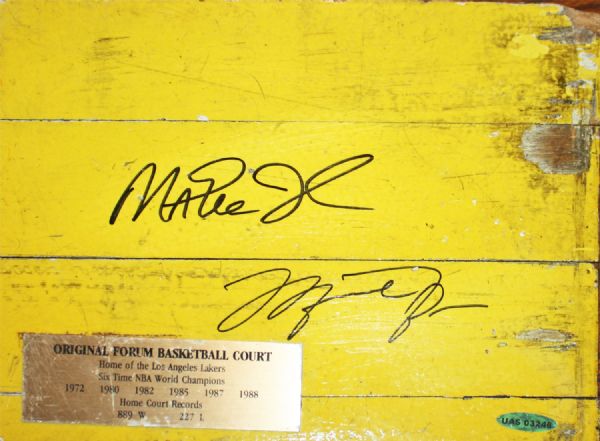 Michael Jordan & Magic Johnson Signed Lakers Forum Floor Piece (UDA, PSA/DNA)