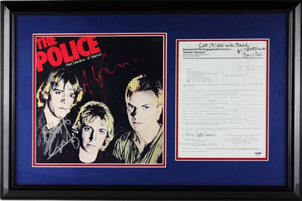 Sting & The Police: Group Signed Record Album & Sting Signed TV Contract with Rare Full Name Signature in Framed Display (PSA/DNA)