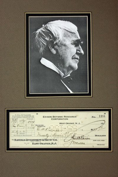 Thomas Edison Signed Bank Check in Custom Matted Display (PSA/DNA)