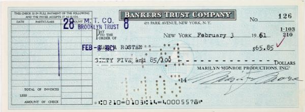 Marilyn Monroe Choice Signed Marilyn Monroe Productions Bank Check (1961)(PSA/DNA)