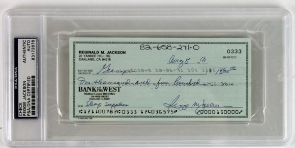 Reggie Jackson Encapsulated Signed Check (PSA/DNA)