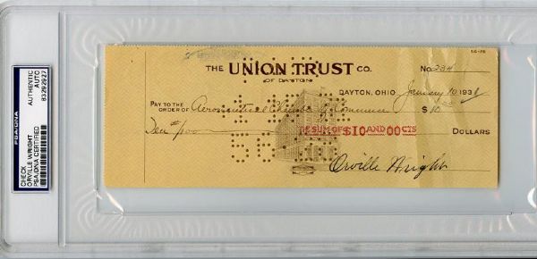 Orville Wright Signed Bank Check (JSA & PSA/DNA Encapsulated)