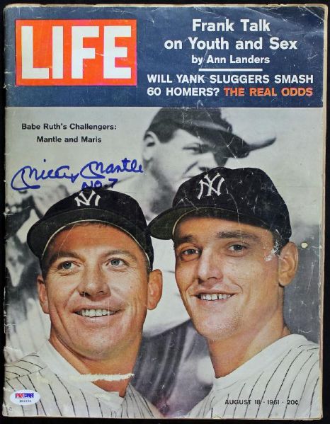 Mickey Mantle Signed August 1961 LIFE Magazine with "No. 7" Inscription (PSA/DNA)
