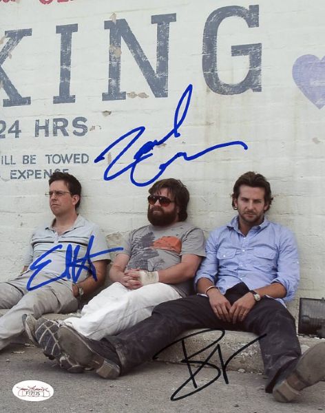 "The Hangover" Cast Signed 8" x 10" Photo w/Cooper, Helms & Galifianakis (JSA)